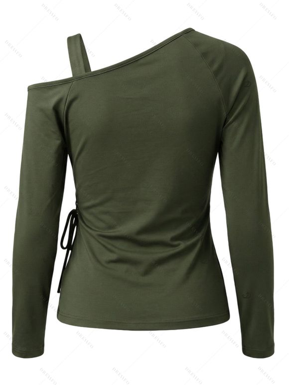 Solid Color Top Skew Neck Lace Up Grommet Asymmetrical Hem Long Sleeve Top - Vert Armée XXL | US 14