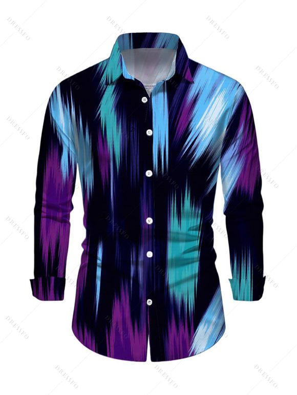 Vacation Couple Outfit Abstract Brush Stroke Print Skew Neck Mesh Bodycon Dress and Long Sleeve Shirt Set - multicolor S | US 4