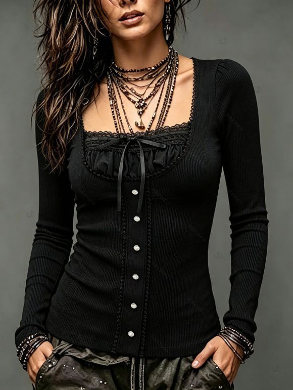 Daily Women Outfit Lace Panel Bowknot Square Neck Mock Button Top and Grommet Buckle Lace Up Skinny Legging Set - Noir S | US 4