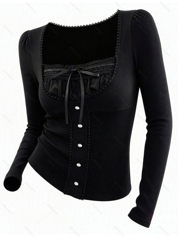 Daily Women Outfit Lace Panel Bowknot Square Neck Mock Button Top and Grommet Buckle Lace Up Skinny Legging Set - Noir S | US 4