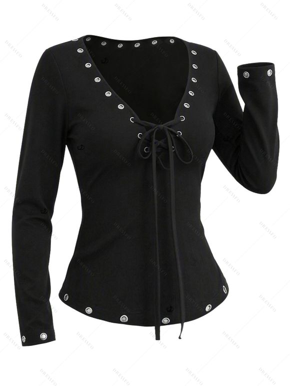 Daily Women Outfit Solid Color V Neck Grommet Lace Up Long Sleeve Slim Top and Buckle Lace Up Skinny Leggings Set - Noir S | US 4