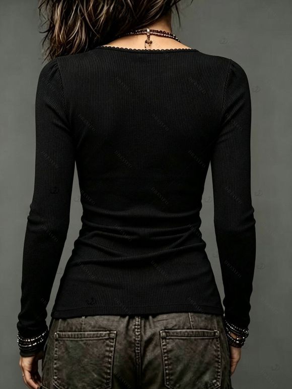 Daily Women Outfit Lace Panel Bowknot Square Neck Mock Button Top and Grommet Buckle Lace Up Skinny Legging Set - Noir S | US 4