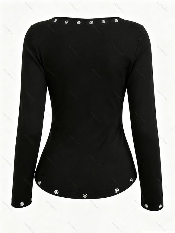 Daily Women Outfit Solid Color V Neck Grommet Lace Up Long Sleeve Slim Top and Buckle Lace Up Skinny Leggings Set - Noir S | US 4