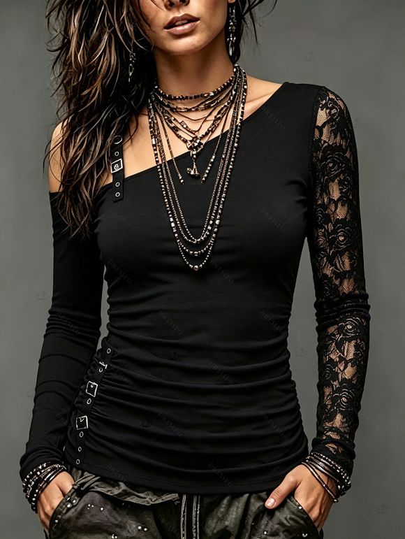 Gothic Women Outfit Rose Grommet Buckle Long Lace Sleeve Ruched Skew Neck Top and See Thru Flare Pants Set - Noir S | US 4