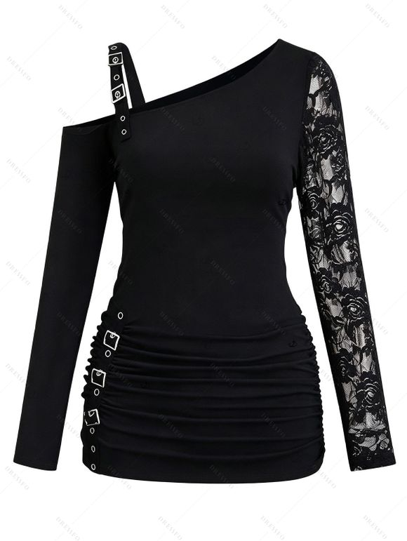 Gothic Women Outfit Rose Grommet Buckle Long Lace Sleeve Ruched Skew Neck Top and See Thru Flare Pants Set - Noir S | US 4