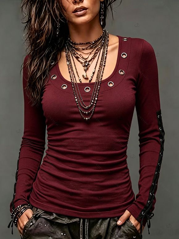 Casual Women Outfit Solid Color Grommet Lace Up Round Neck Top and Chain Embellishment Skinny Pants Set - Rouge foncé S | US 4