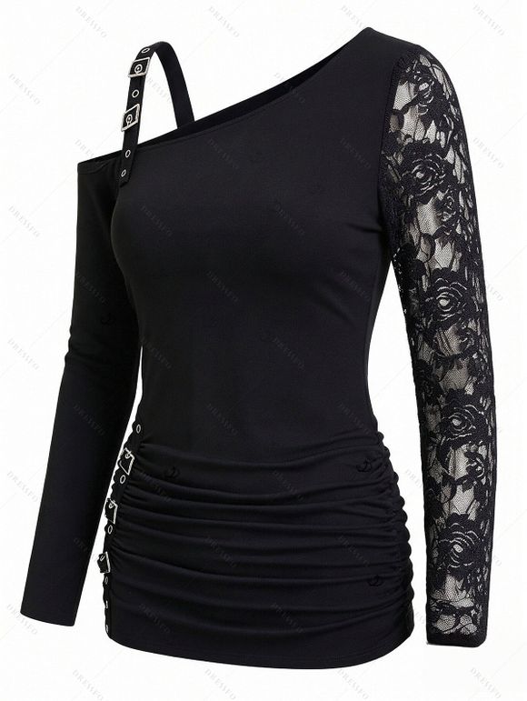 Gothic Women Outfit Rose Grommet Buckle Long Lace Sleeve Ruched Skew Neck Top and See Thru Flare Pants Set - Noir S | US 4