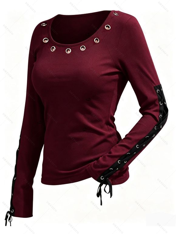 Casual Women Outfit Solid Color Grommet Lace Up Round Neck Top and Chain Embellishment Skinny Pants Set - Rouge foncé S | US 4