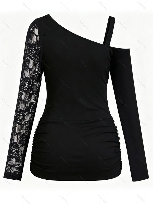Gothic Women Outfit Rose Grommet Buckle Long Lace Sleeve Ruched Skew Neck Top and See Thru Flare Pants Set - Noir S | US 4