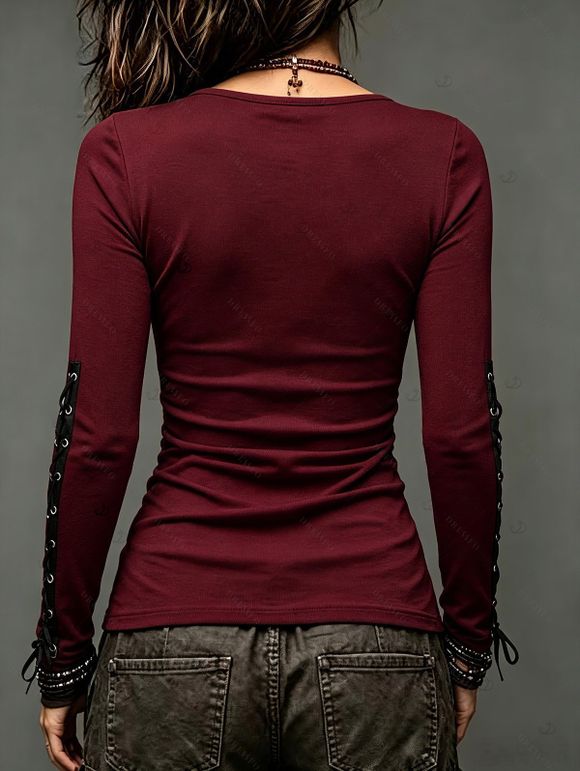 Casual Women Outfit Solid Color Grommet Lace Up Round Neck Top and Chain Embellishment Skinny Pants Set - Rouge foncé S | US 4