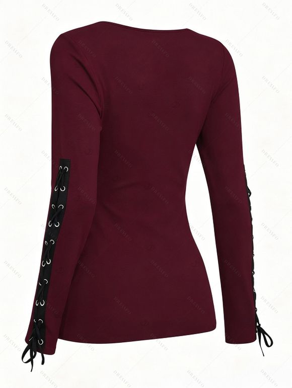 Casual Women Outfit Solid Color Grommet Lace Up Round Neck Top and Chain Embellishment Skinny Pants Set - Rouge foncé S | US 4