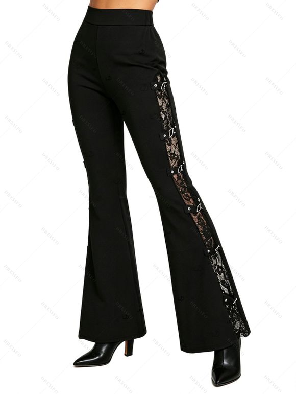 Gothic Women Outfit Rose Grommet Buckle Long Lace Sleeve Ruched Skew Neck Top and See Thru Flare Pants Set - Noir S | US 4