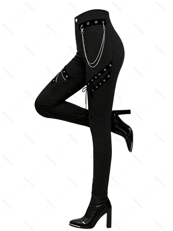 Casual Women Outfit Solid Color Grommet Lace Up Round Neck Top and Chain Embellishment Skinny Pants Set - Rouge foncé S | US 4