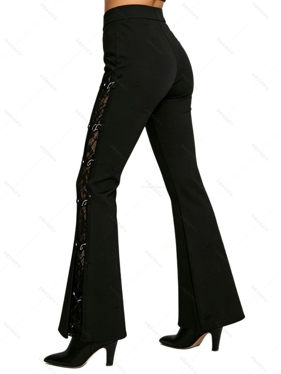 Gothic Women Outfit Rose Grommet Buckle Long Lace Sleeve Ruched Skew Neck Top and See Thru Flare Pants Set - Noir S | US 4