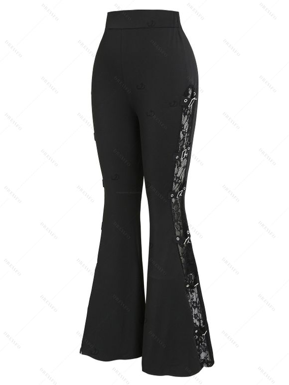 Gothic Women Outfit Rose Grommet Buckle Long Lace Sleeve Ruched Skew Neck Top and See Thru Flare Pants Set - Noir S | US 4