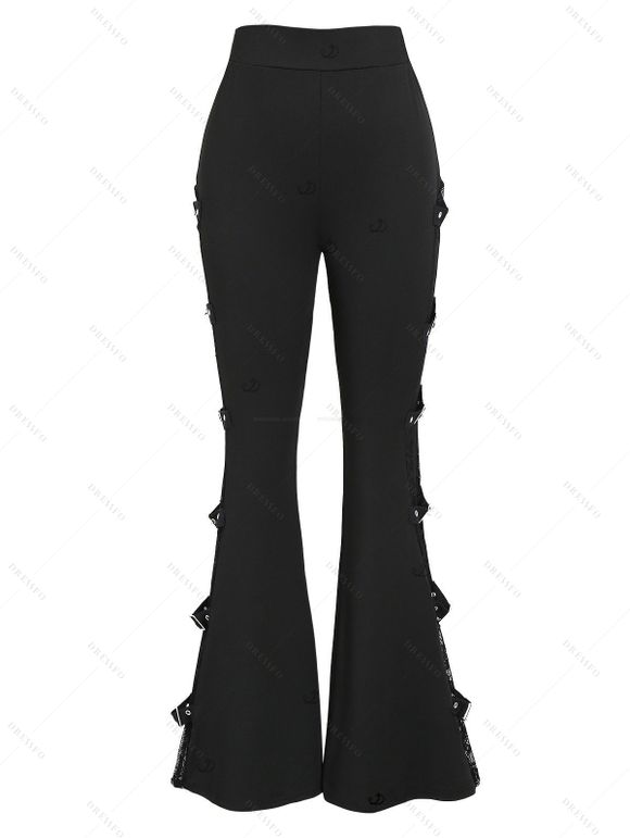 Gothic Women Outfit Rose Grommet Buckle Long Lace Sleeve Ruched Skew Neck Top and See Thru Flare Pants Set - Noir S | US 4