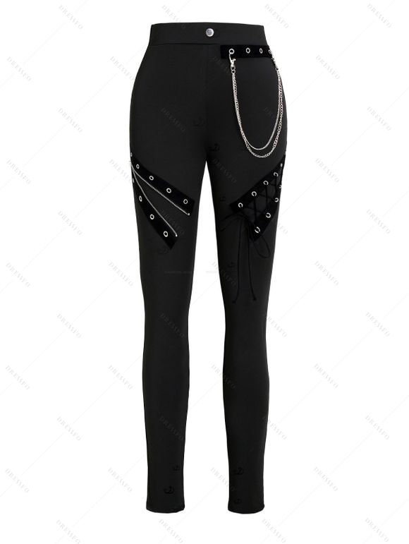 Casual Women Outfit Solid Color Grommet Lace Up Round Neck Top and Chain Embellishment Skinny Pants Set - Rouge foncé S | US 4