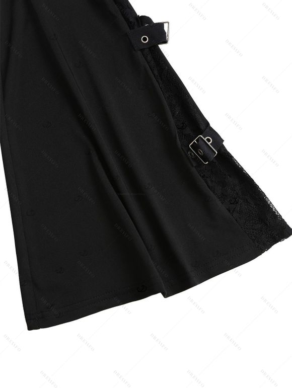 Gothic Women Outfit Rose Grommet Buckle Long Lace Sleeve Ruched Skew Neck Top and See Thru Flare Pants Set - Noir S | US 4