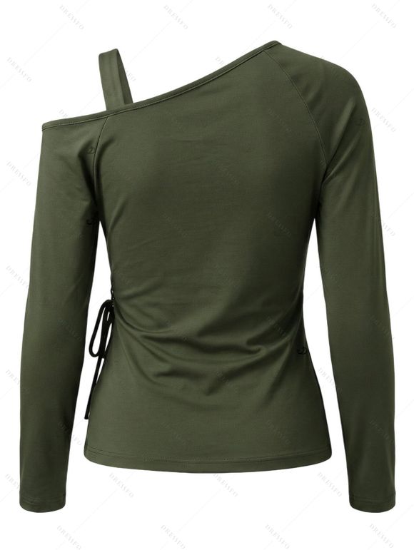 Casual Women Outfit Solid Color Skew Neck Lace Up Grommet Asymmetrical Hem Top and Chain Embellishment Skinny Pants Set - Vert Armée S | US 4