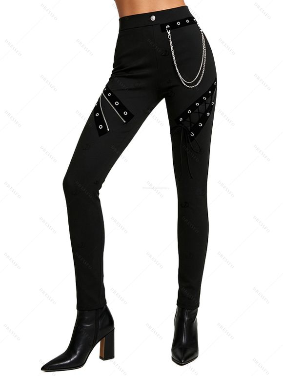 Casual Women Outfit Solid Color Skew Neck Lace Up Grommet Asymmetrical Hem Top and Chain Embellishment Skinny Pants Set - Vert Armée S | US 4