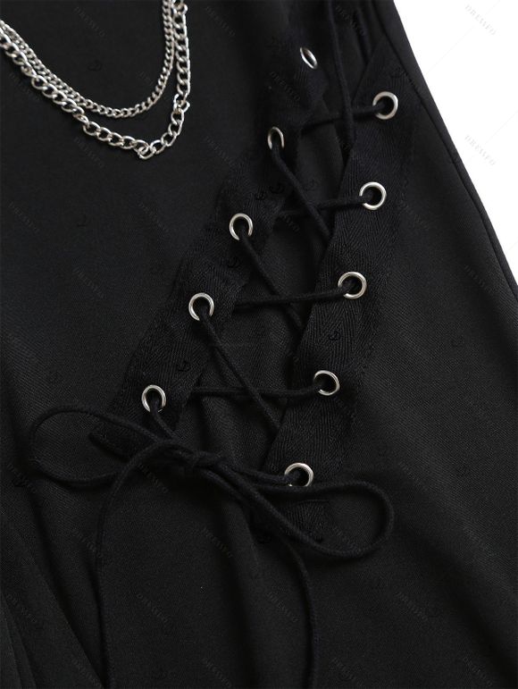 Casual Women Outfit Solid Color Skew Neck Lace Up Grommet Asymmetrical Hem Top and Chain Embellishment Skinny Pants Set - Vert Armée S | US 4