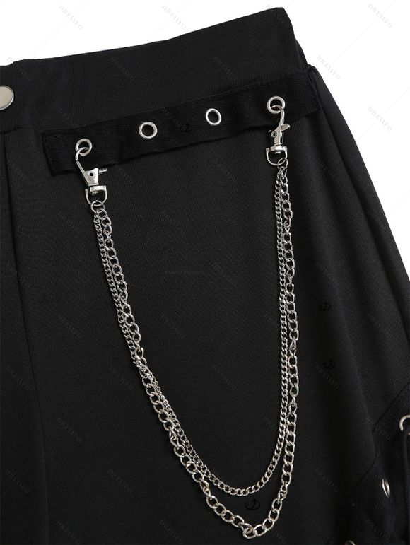 Casual Women Outfit Solid Color Skew Neck Lace Up Grommet Asymmetrical Hem Top and Chain Embellishment Skinny Pants Set - Vert Armée S | US 4