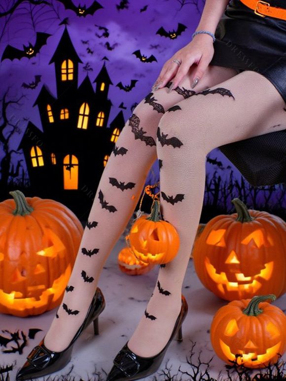 Gothic Bat Pattern Sheer Hosiery, Unique Personality, Essential Halloween Pantyhose - Beige ONE SIZE