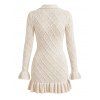 Solid Color Sweater Dress Geometric Textured Flounce Turn Down Collar Bodycon Mini Dress - Beige L | US 8-10
