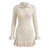 Solid Color Sweater Dress Geometric Textured Flounce Turn Down Collar Bodycon Mini Dress - Beige L | US 8-10