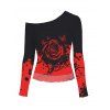 Gothic Top Rose Floral Butterfly Print Colorblock Mesh Panel Skew Neck Cropped Top - Rouge XXL | US 14