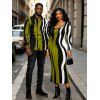 Vintage Couple Outfit Colorblock Wave Striped Print Round Neck Bodycon Maxi Dress and Long Sleeve Shirt Set