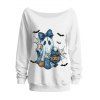 Cute Halloween Sweatshirt Ghost Pumpkin Bat Spider Web Print Skew Neck Long Sleeve Top - Blanc S | US 4