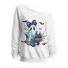 Cute Halloween Sweatshirt Ghost Pumpkin Bat Spider Web Print Skew Neck Long Sleeve Top - Blanc S | US 4