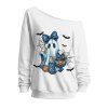 Halloween Women Outfit Ghost Pumpkin Bat Spider Web Print Skew Neck Sweatshirt and Grommet Chain Skinny Pants Set - Noir S | US 4