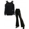 Gothic Women Outfit Grommet Chain Embellishment Lace Panel Sleeve Cold Shoulder Top and Flare Pants Set - Noir S | US 4