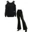 Gothic Women Outfit Grommet Chain Embellishment Lace Panel Sleeve Cold Shoulder Top and Flare Pants Set - Noir S | US 4