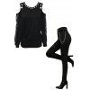 Gothic Women Outfit Grommet Chain Embellishment Lace Panel Sleeve Cold Shoulder Top and Pants Punk Style Set - Noir S | US 4