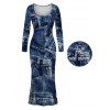 Vintage Dress Faux Denim Print Round Neck Bodycon Maxi Long Sleeve Dress - Bleu profond XL | US 12
