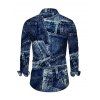 Men's Vintage Shirt Faux Denim Print Long Sleeve Button Up Shirt - Bleu profond S