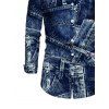 Men's Vintage Shirt Faux Denim Print Long Sleeve Button Up Shirt - Bleu profond S
