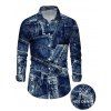 Men's Vintage Shirt Faux Denim Print Long Sleeve Button Up Shirt - Bleu profond S
