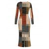 Vintage Dress Colorblock Plaid Patchwork Print Round Neck Long Sleeve Bodycon Maxi Dress - multicolor A M | US 6