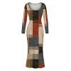 Vintage Dress Colorblock Plaid Patchwork Print Round Neck Long Sleeve Bodycon Maxi Dress - multicolor A M | US 6