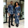 Vintage Couple Outfit Faux Denim Print Round Neck Bodycon Maxi Dress and Long Sleeve Shirt Set - Bleu profond S | US 4
