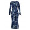 Vintage Couple Outfit Faux Denim Print Round Neck Bodycon Maxi Dress and Long Sleeve Shirt Set - Bleu profond S | US 4