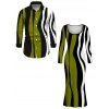 Vintage Couple Outfit Colorblock Wave Striped Print Round Neck Bodycon Maxi Dress and Long Sleeve Shirt Set - Vert Armée S | US 4