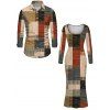 Vintage Couple Outfit Colorblock Plaid Patchwork Print Round Neck Bodycon Maxi Dress and Long Sleeve Shirt Set - multicolor A S | US 4