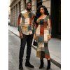 Vintage Couple Outfit Colorblock Plaid Patchwork Print Round Neck Bodycon Maxi Dress and Long Sleeve Shirt Set - multicolor A S | US 4