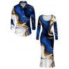 Vacation Couple Outfit Colorblock Fluid Marble Print Round Neck Bodycon Maxi Dress and Long Sleeve Shirt Set - Bleu profond S | US 4