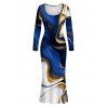 Vacation Couple Outfit Colorblock Fluid Marble Print Round Neck Bodycon Maxi Dress and Long Sleeve Shirt Set - Bleu profond S | US 4